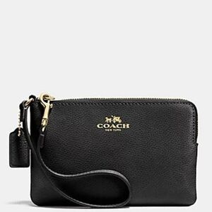 🆕 Coach Black Cross Grain Leather Corner Zip Wristlet Pouch Mini Bag Clutch